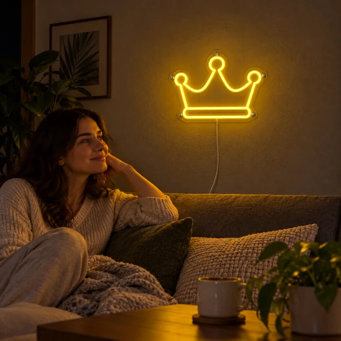 Königskrone Neon LED Schild an der Wohnzimmerwand, davor entspannt eine Person auf dem Sofa