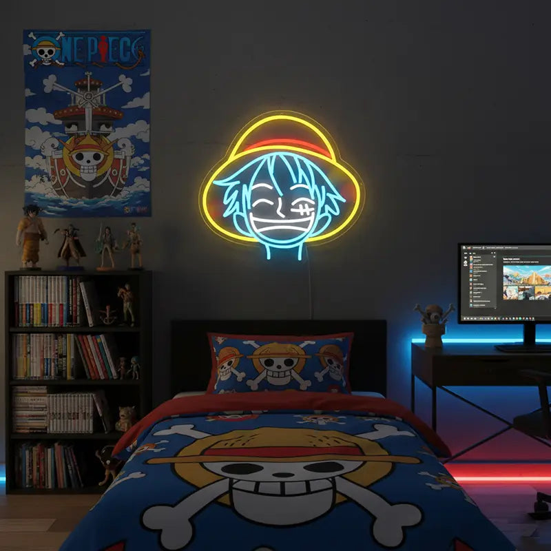 Luffy LED Anime Deko beleuchtet – One Piece Strohhut Wanddeko in Gelb-Blau