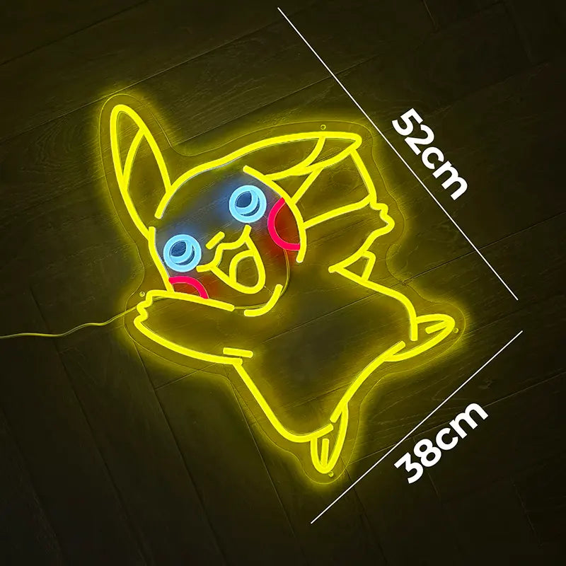 Detailliertes Neon-Design von Pikachu mit markantem gezacktem Schweif und lachendem Gesichtsausdruck
