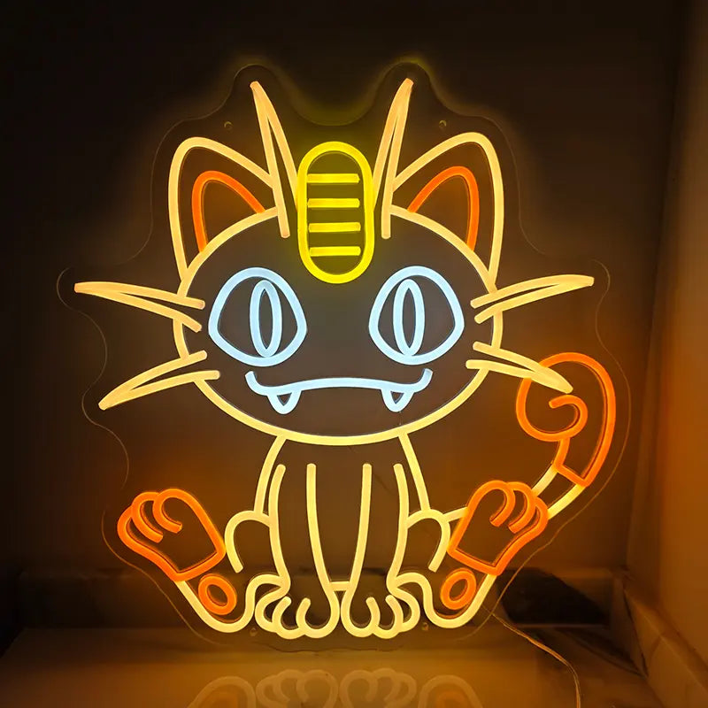 Pokémon Mauzi Meowth Neon LED Schild 12V – Katzen-Pokémon Deko in Gold fürs Gaming-Zimmer