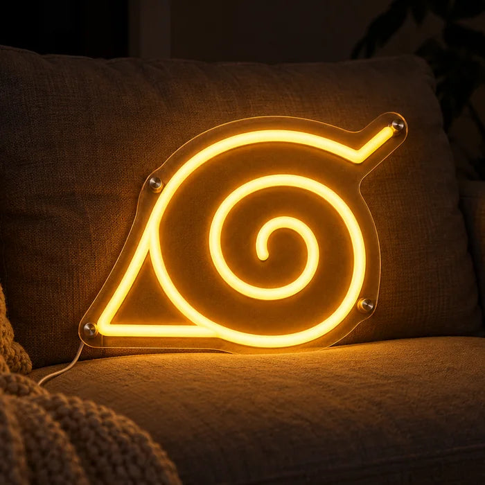 Naruto Konoha Symbol Neon LED Schild auf einem gemütlichen Sofa zwischen Kissen und Decke