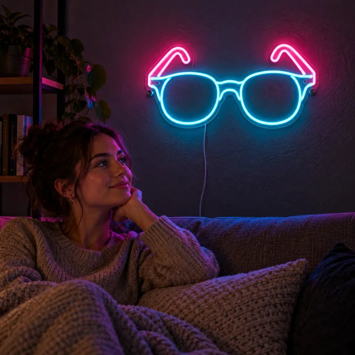 Neon-Brille Neon LED Schild an der Wohnzimmerwand, davor entspannt eine Person auf dem Sofa