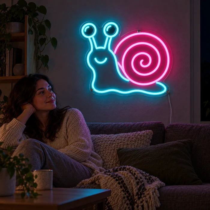 Neon-Schnecke Neon LED Schild an der Wohnzimmerwand, davor entspannt eine Person auf dem Sofa