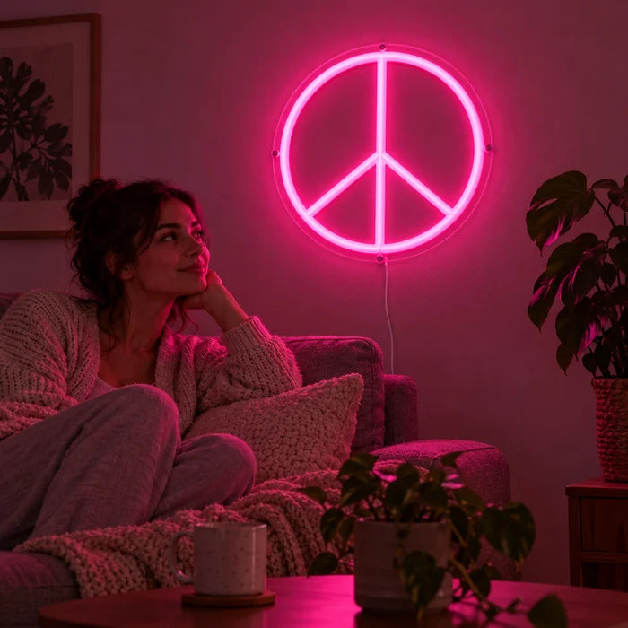 Peace Neon LED Schild an der Wohnzimmerwand, davor entspannt eine Person auf dem Sofa