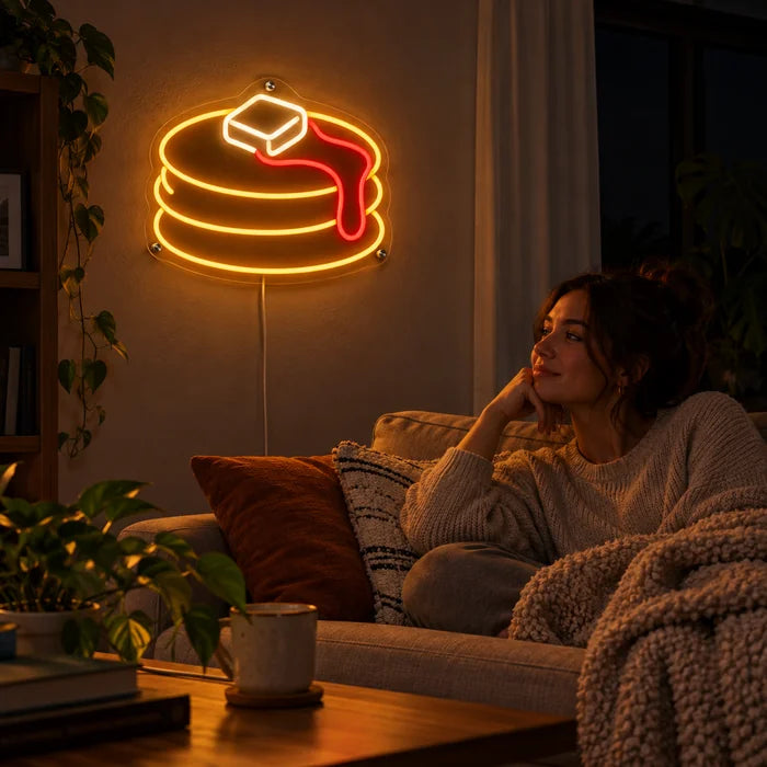 Pfannkuchen Neon LED Schild an der Wohnzimmerwand, davor entspannt eine Person auf dem Sofa