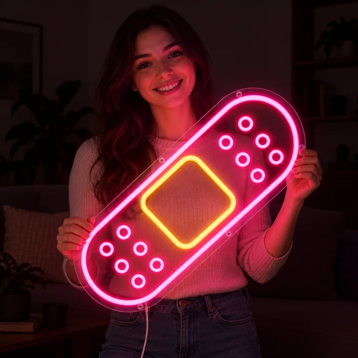 Pflaster Neon LED Schild in den Händen einer lächelnden Frau vor dunklem Hintergrund