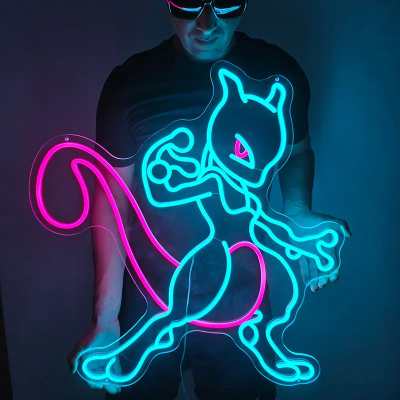 Mewtu LED Leuchtschild beleuchtet – Pokémon Nachtlicht Design als Wanddeko