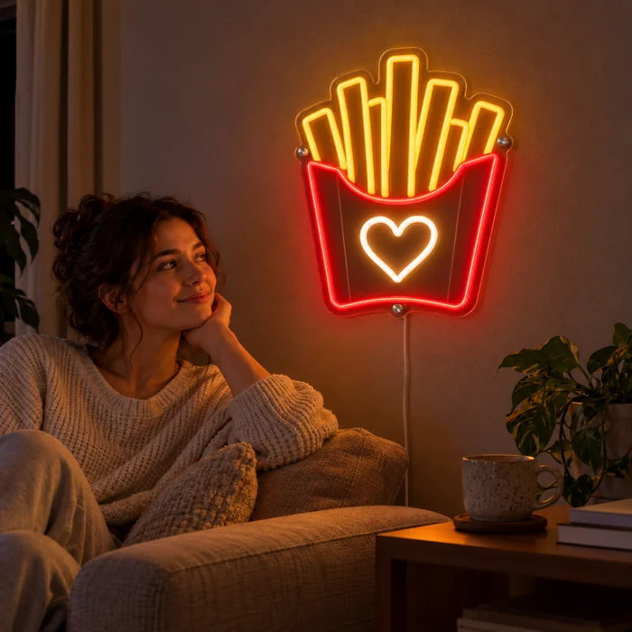 Pommesliebe Neon LED Schild an der Wohnzimmerwand, davor entspannt eine Person auf dem Sofa