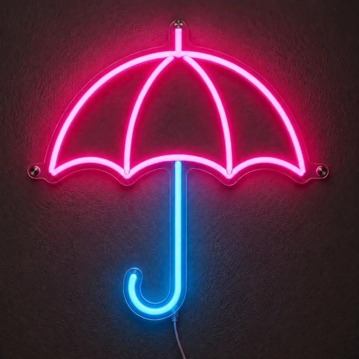Regenschirm Neon LED Schild leuchtend an einer dunklen Wand, Nahaufnahme mit Anschlusskabel