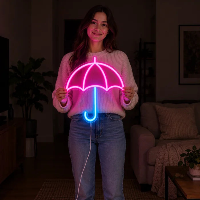 Regenschirm Neon LED Schild von einer Frau gehalten, zeigt die Größe im Vergleich zum Körper