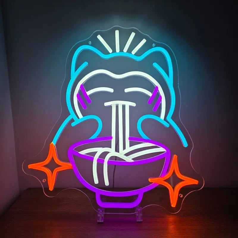 Leuchtendes Neon-Schild des Pokémon Relaxo (Snorlax), das genüsslich eine Schüssel Ramen-Nudeln isst