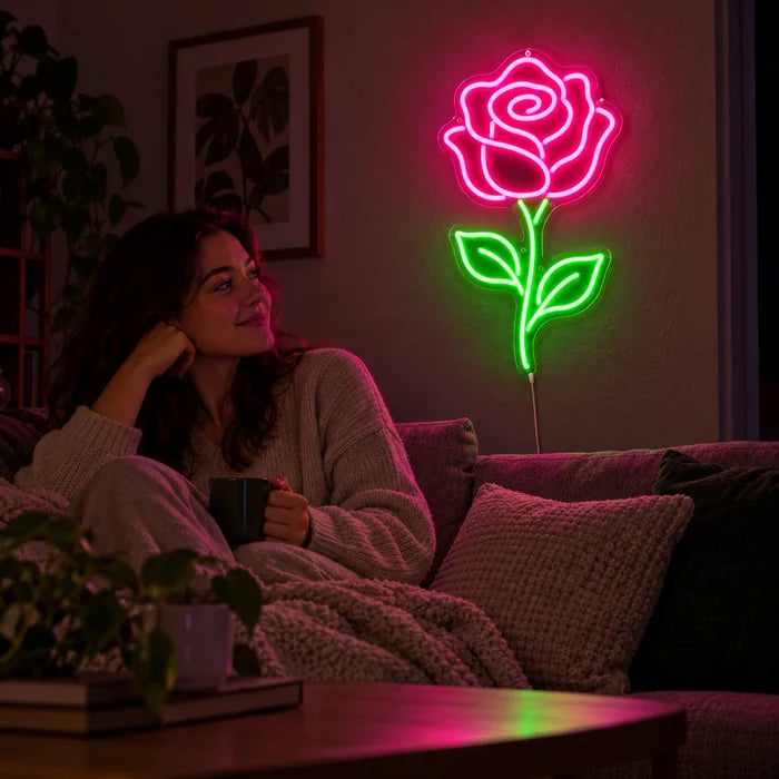 Rosenlicht Neon LED Schild an der Wohnzimmerwand, davor entspannt eine Person auf dem Sofa