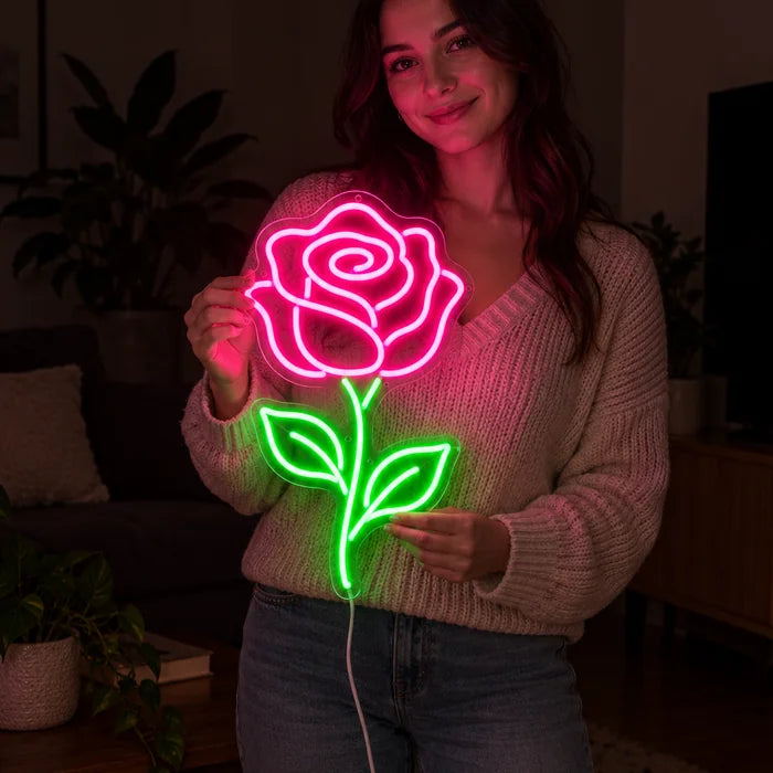 Rosenlicht Neon LED Schild von einer Frau gehalten, zeigt die Größe im Vergleich zum Körper