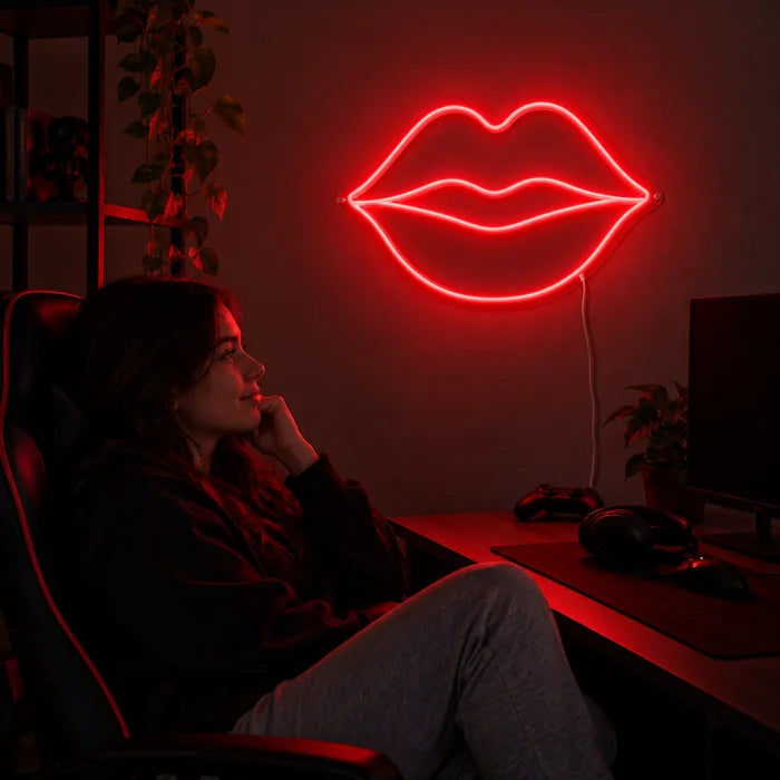 Rote Lippen Neon LED Schild über dem Gaming-Schreibtisch, davor ein Spieler im Gaming-Stuhl