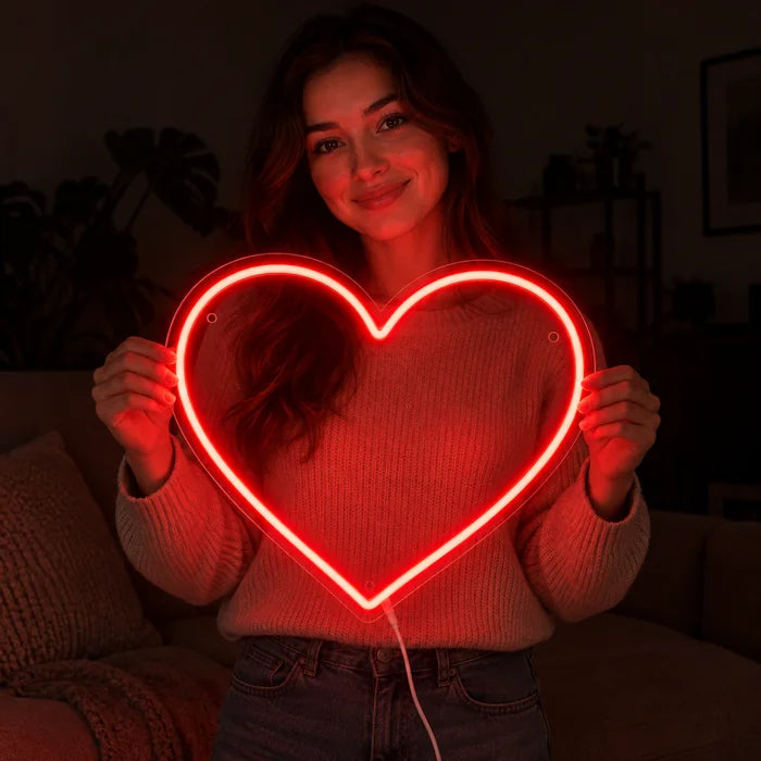 Rotes Herz Neon LED Schild in den Händen einer lächelnden Frau vor dunklem Hintergrund