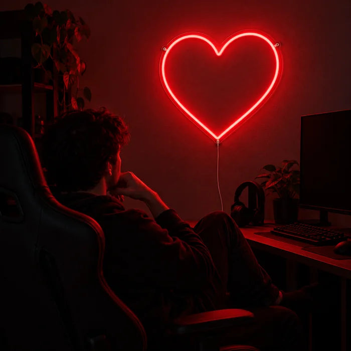 Rotes Herz Neon LED Schild über dem Gaming-Schreibtisch, davor ein Spieler im Gaming-Stuhl