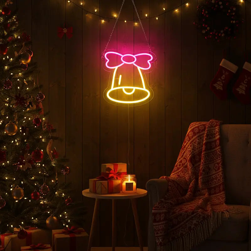 Glöckchen Neon LED Schild handgefertigt – Weihnachtsmarkt und Bude Deko