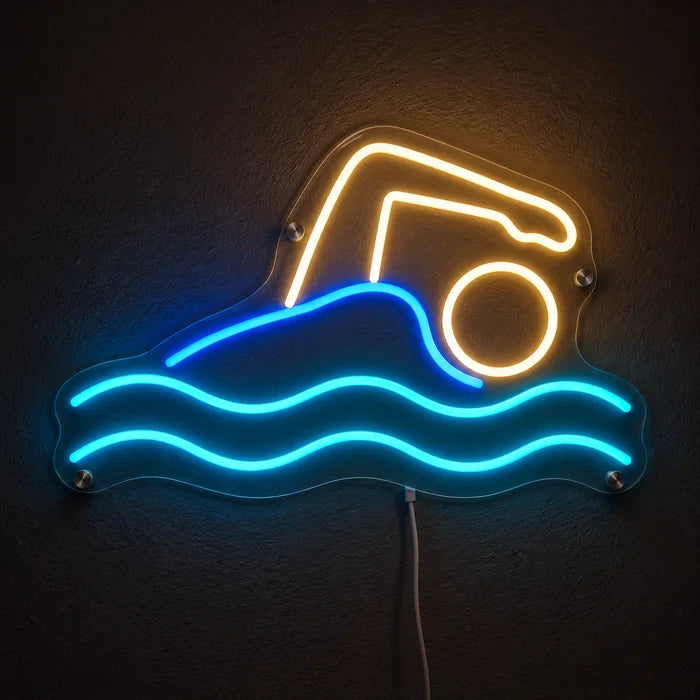 Schwimmer Neon LED Schild leuchtend an einer dunklen Wand, Nahaufnahme mit Anschlusskabel