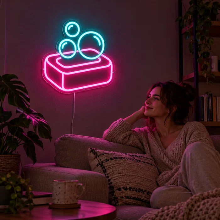 Seifenschaum Neon LED Schild an der Wohnzimmerwand, davor entspannt eine Person auf dem Sofa