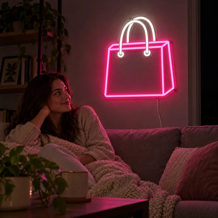 Shoppingtasche Neon LED Schild an der Wohnzimmerwand, davor entspannt eine Person auf dem Sofa