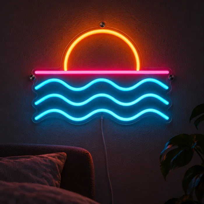 Sonnenuntergang am Meer Neon LED Schild leuchtend an einer dunklen Wand, Nahaufnahme mit Anschlusskabel
