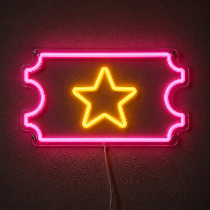 Sternticket Neon LED Schild leuchtend an einer dunklen Wand, Nahaufnahme mit Anschlusskabel