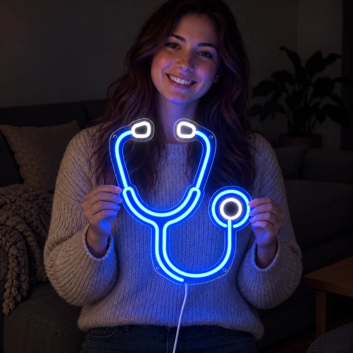 Stethoskop Neon LED Schild in den Händen einer lächelnden Frau vor dunklem Hintergrund
