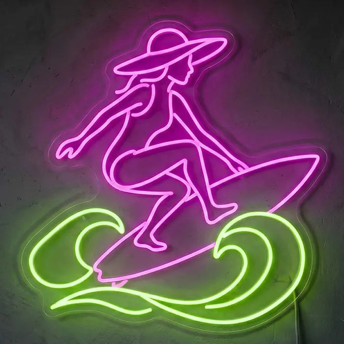 Surfing Girl Beach Vibes Neon LED Schild – Surferin als Wanddeko für Surfshop