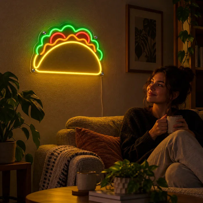 Taco-Zeit Neon LED Schild an der Wohnzimmerwand, davor entspannt eine Person auf dem Sofa