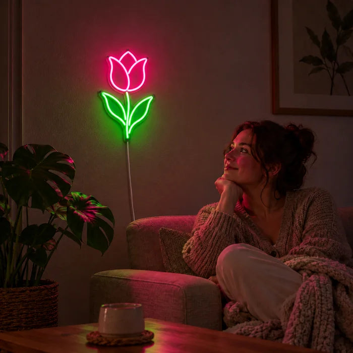 Tulpe Neon LED Schild an der Wohnzimmerwand, davor entspannt eine Person auf dem Sofa