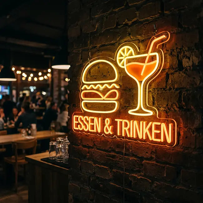 Neon LED Schild Essen & Trinken – leuchtender Burger und Cocktailglas in Orange und Gelb in der Küche