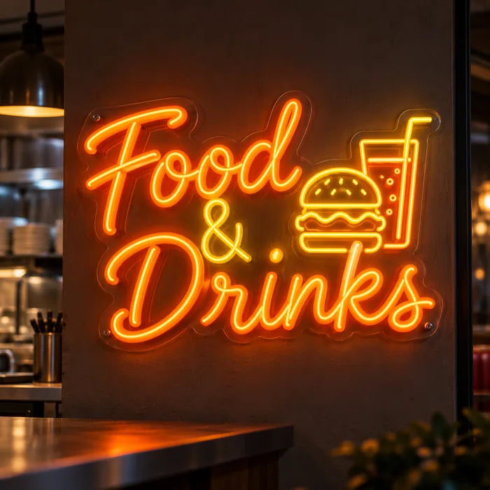 Neon LED Schild mit Schriftzug „Food & Drinks“, Burger und Getränk in Orange und Gelb in der Küche