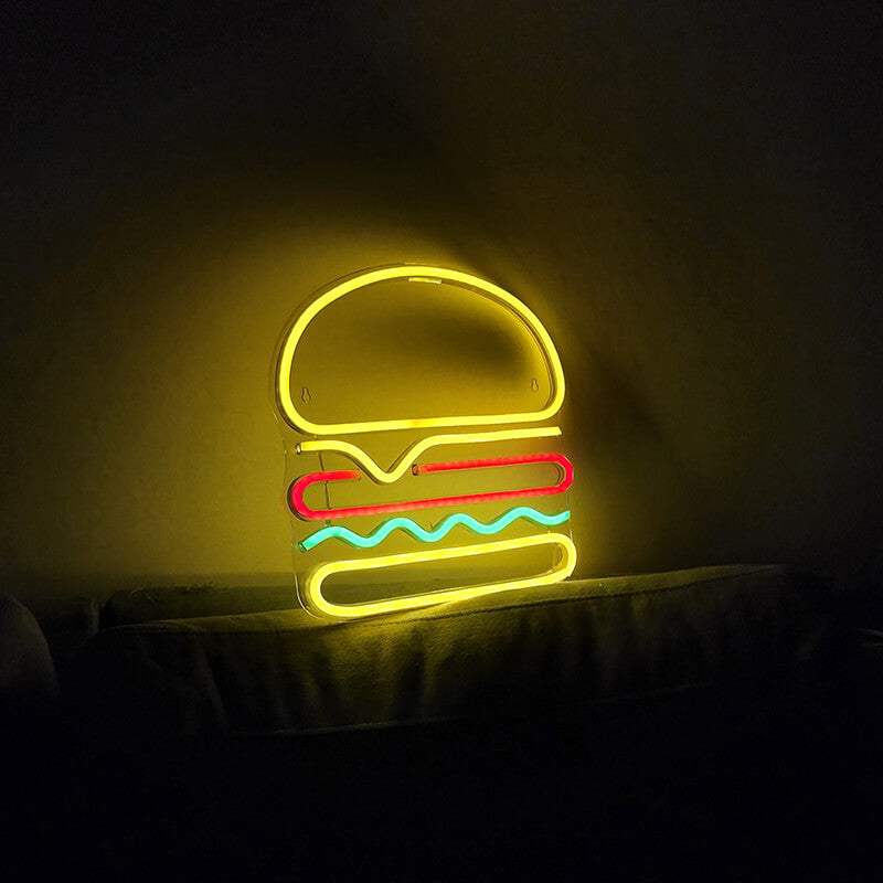 Fastfood Neon LED Schild beleuchtet – Burger-Symbol als Restaurant-Deko