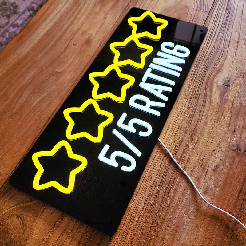 5 Sterne Neon LED Schild beleuchtet – goldenes Bewertungssymbol als USB-Leuchtschild