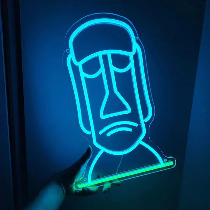 Moai LED Leuchtschild beleuchtet – Pop-Art Wandbild für Wohnzimmer