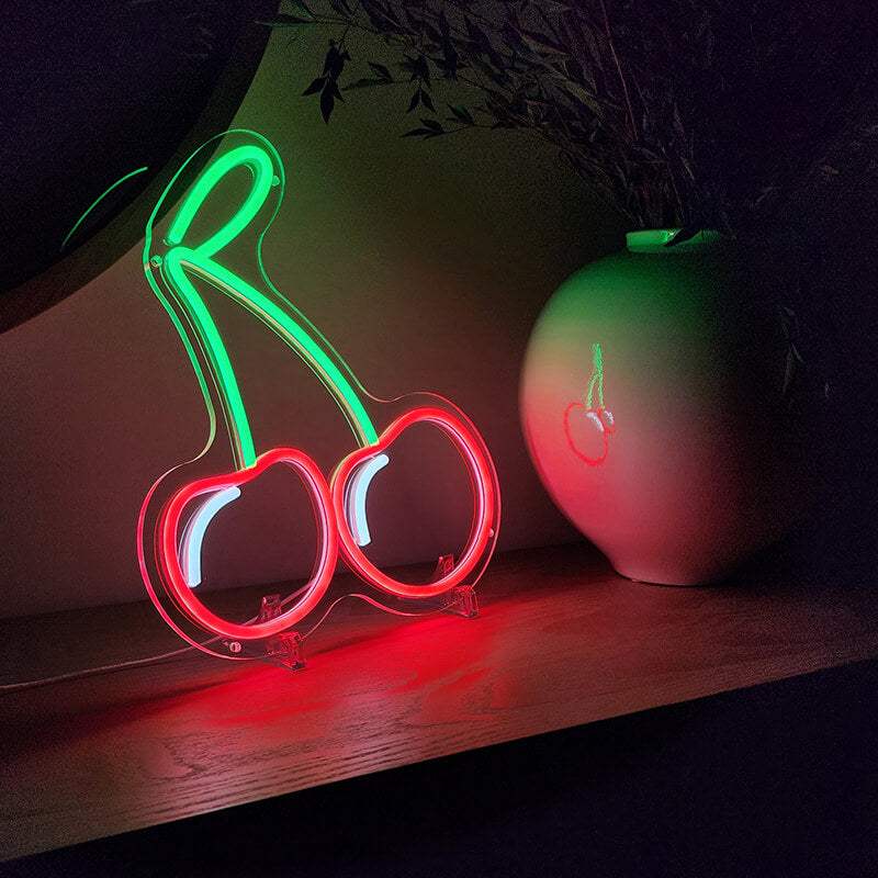 Kirschen Neon LED Schild auf 6mm Acrylplatte – Obst Stand Schaufenster Deko