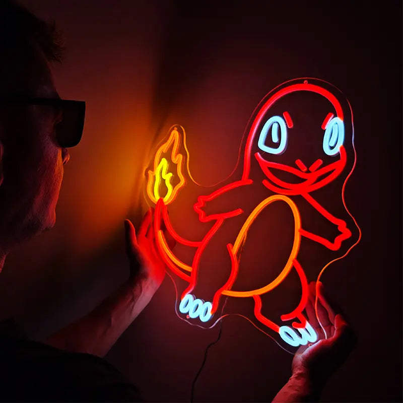 Glumanda Charmander LED Leuchtschild beleuchtet – Pokémon Wanddeko in Orange