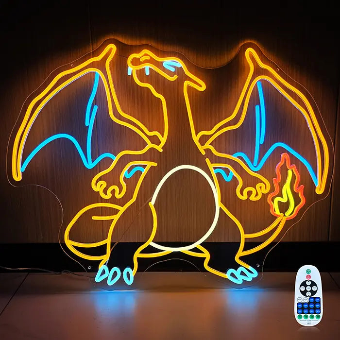 Pokémon Glurak Neon LED Schild 12V – XXL 80×62 cm Leuchtschild Gaming Wanddeko