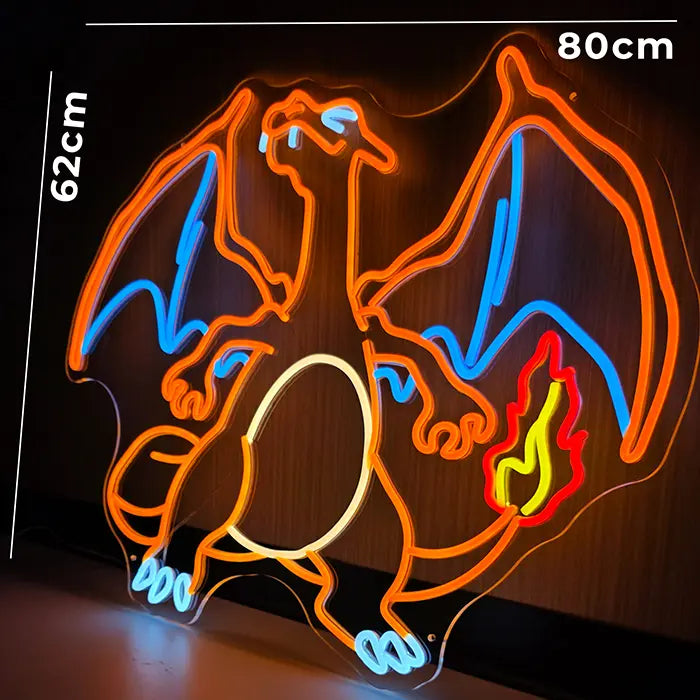 Glurak Feuer-Drache Neon LED Schild 12V – handgefertigte Gaming-Wanddeko