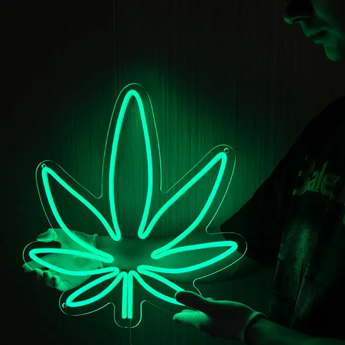 Hanfblatt Neon LED Schild – USB Leuchtschild | Statement Wanddeko