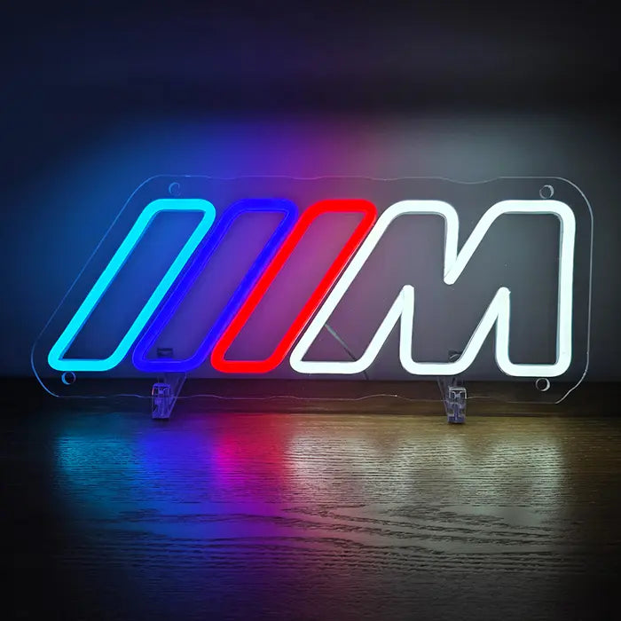 M-Streifen Neon LED Schild, auf 6 mm Acrylglas, Neonschlauch in Handarbeit verlegt