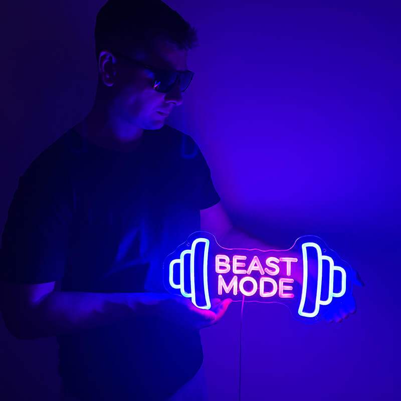 Gym Neon LED Schild USB – Beast Mode Motto als Wanddeko fürs Fitnessstudio