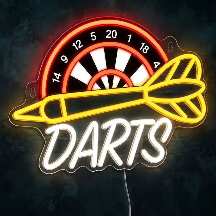 Darts Neon LED Schild mit UV-Druck Frontansicht an dunkler Wand, Dartscheibe mit UV-Druck, gelber Pfeil und weißer DARTS-Schriftzug