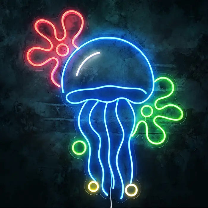 Qualle mit Blumenwolken Neon LED Schild frontal an dunkelgrüner Wand, blaue Kontur mit roter und grüner Blumenwolke