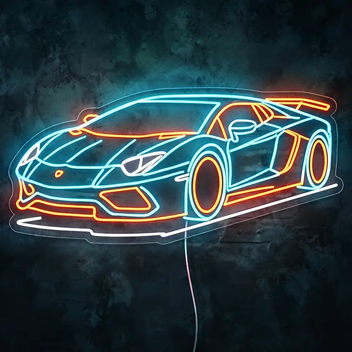 LAMBO Racer Neon LED Schild Frontansicht an dunkler Wand, Lamborghini-Supersportwagen in Eisblau mit orangen Akzenten