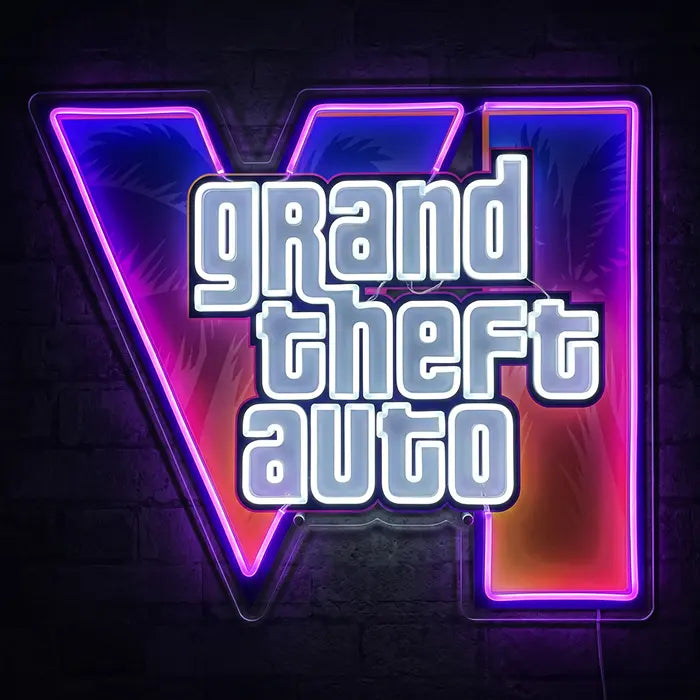 GTA VI Logo Neon LED Schild mit UV-Druck Frontansicht an dunkler Backsteinwand, VI in Lila, Pink und Orange mit weißem Schriftzug grand theft auto