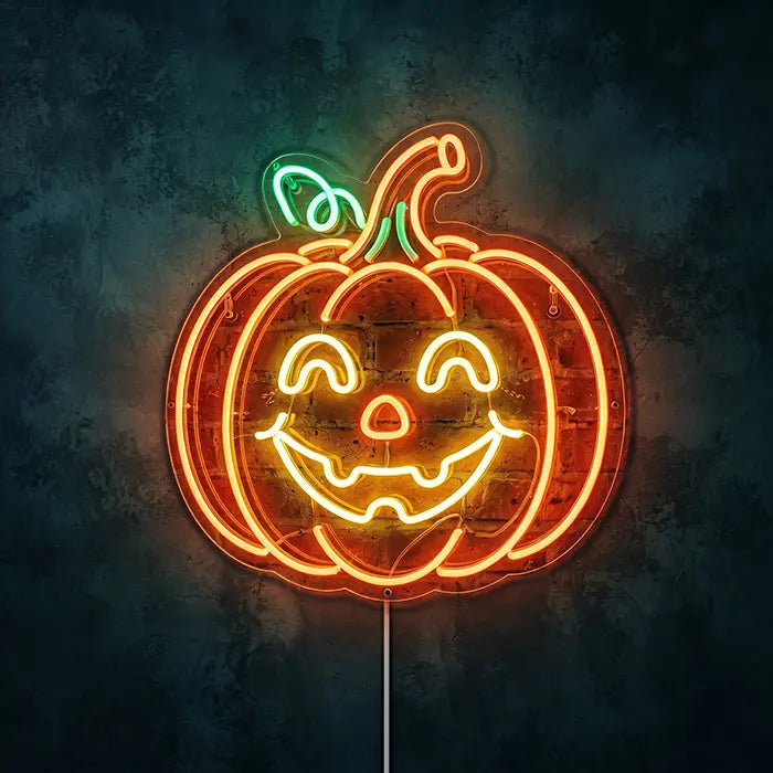 Glücklicher Halloween Kürbis Neon LED Schild – Dimmbar mit Fernbedienung | Halloween Deko