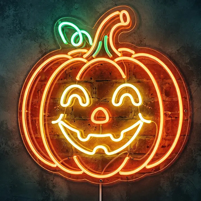 Glücklicher Halloween Kürbis Neon LED Schild – Dimmbar mit Fernbedienung | Halloween Deko