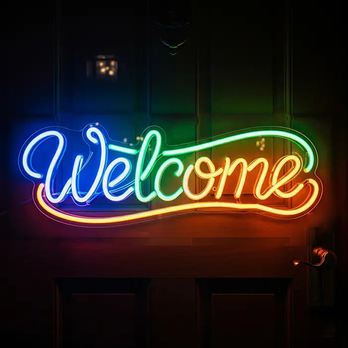 Welcome Neon LED Schild über einer Haustür