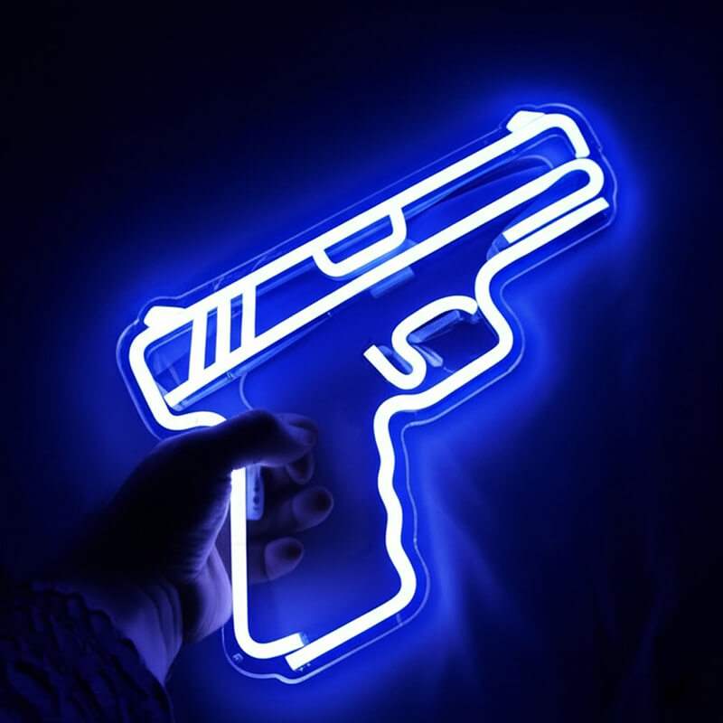 Pistole Neon LED Schild beleuchtet – blaues Statement-Motiv als USB-Leuchtschild